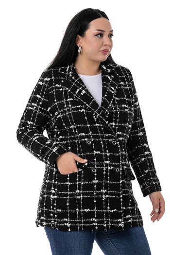 Büyük Beden Kruvaze Kapamalı Arkası Yırtmaçlı Astarlı Tüvit Simli Siyah Beyaz Ceket