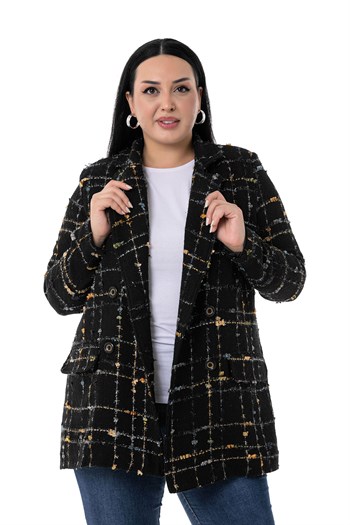 Büyük Beden Kruvaze Kapamalı Arkası Yırtmaçlı Astarlı Tüvit Simli Siyah Hardal Ceket