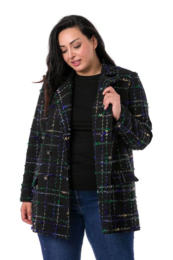 Büyük Beden Kruvaze Kapamalı Arkası Yırtmaçlı Astarlı Tüvit Simli Siyah Saks Ceket