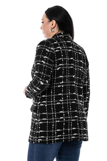 Büyük Beden Kruvaze Kapamalı Arkası Yırtmaçlı Astarlı Tüvit Simli Siyah Beyaz Ceket