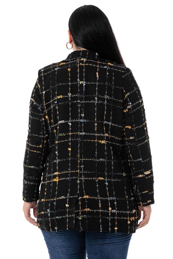 Büyük Beden Kruvaze Kapamalı Arkası Yırtmaçlı Astarlı Tüvit Simli Siyah Hardal Ceket