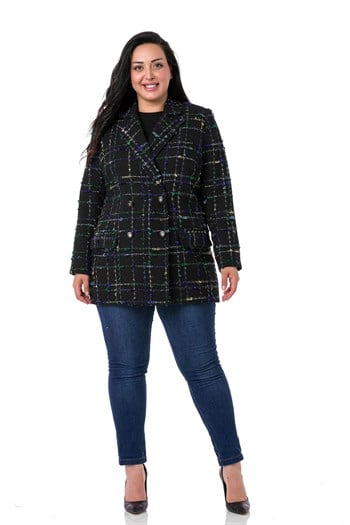 Büyük Beden Kruvaze Kapamalı Arkası Yırtmaçlı Astarlı Tüvit Simli Siyah Saks Ceket
