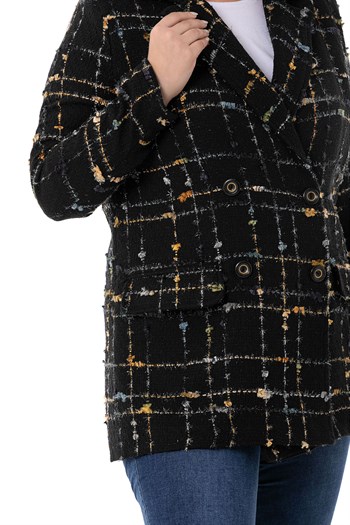 Büyük Beden Kruvaze Kapamalı Arkası Yırtmaçlı Astarlı Tüvit Simli Siyah Hardal Ceket