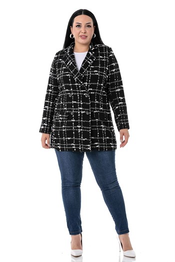 Büyük Beden Kruvaze Kapamalı Arkası Yırtmaçlı Astarlı Tüvit Simli Siyah Beyaz Ceket