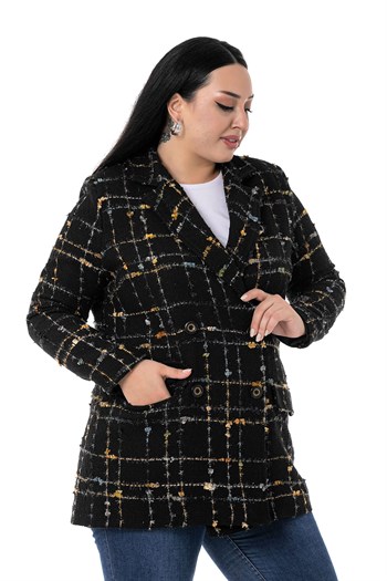 Büyük Beden Kruvaze Kapamalı Arkası Yırtmaçlı Astarlı Tüvit Simli Siyah Hardal Ceket