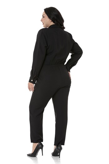 Büyük Beden Kruvaze Kapamalı Uzun Kollu Beli Arkadan Lastikli Siyah Kadın Tulum