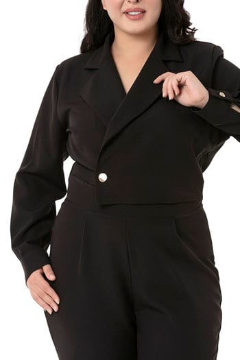 Büyük Beden Kruvaze Kapamalı Uzun Kollu Beli Arkadan Lastikli Siyah Kadın Tulum