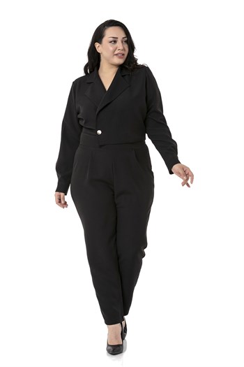 Büyük Beden Kruvaze Kapamalı Uzun Kollu Beli Arkadan Lastikli Siyah Kadın Tulum