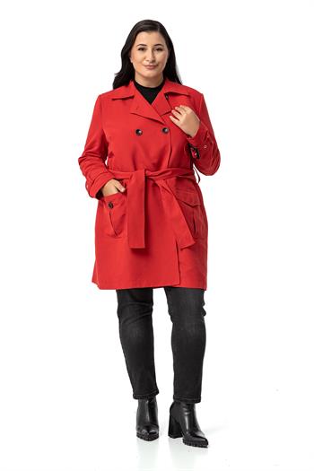 Büyük Beden Kruvaze Kolu Bant Detaylı Cepli Kuşaklı Astarlı Kırmızı Trençkot