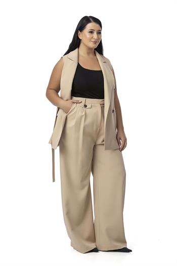 Büyük Beden Kruvaze Yelek Pantolon Bej Rengi İkili Takım