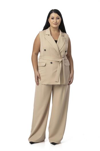 Büyük Beden Kruvaze Yelek Pantolon Bej Rengi İkili Takım