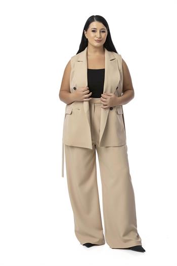 Büyük Beden Kruvaze Yelek Pantolon Bej Rengi İkili Takım