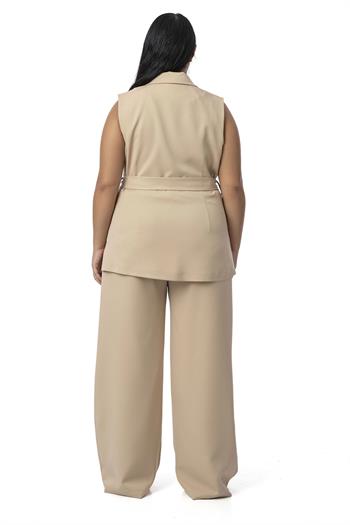 Büyük Beden Kruvaze Yelek Pantolon Bej Rengi İkili Takım