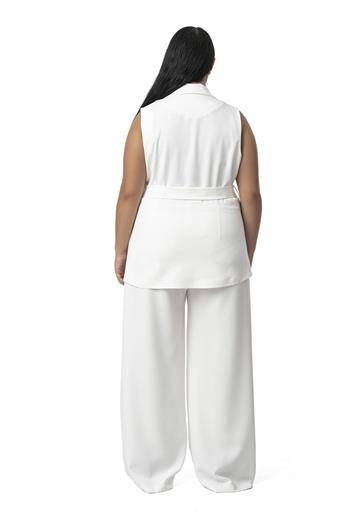 Büyük Beden Kruvaze Yelek Pantolon Beyaz İkili Takım