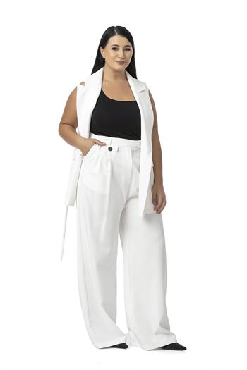 Büyük Beden Kruvaze Yelek Pantolon Beyaz İkili Takım