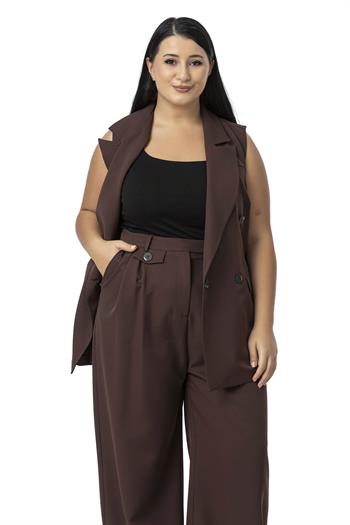 Büyük Beden Kruvaze Yelek Pantolon Kahverengi İkili Takım