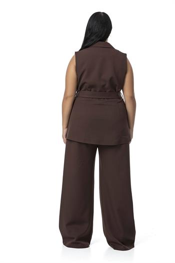Büyük Beden Kruvaze Yelek Pantolon Kahverengi İkili Takım