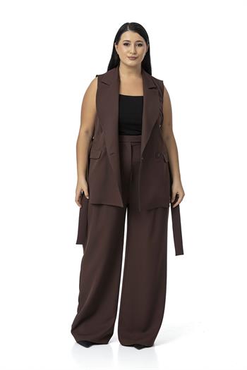Büyük Beden Kruvaze Yelek Pantolon Kahverengi İkili Takım