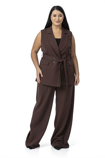 Büyük Beden Kruvaze Yelek Pantolon Kahverengi İkili Takım