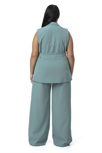 Büyük Beden Kruvaze Yelek Pantolon Mint Yeşili İkili Takım