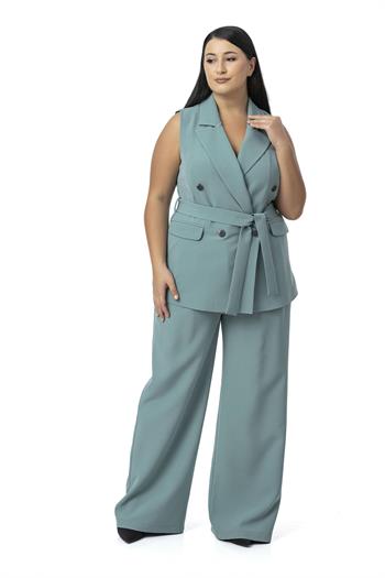 Büyük Beden Kruvaze Yelek Pantolon Mint Yeşili İkili Takım