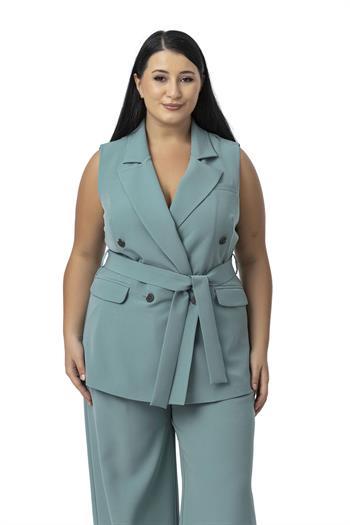 Büyük Beden Kruvaze Yelek Pantolon Mint Yeşili İkili Takım