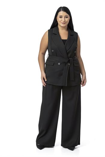 Büyük Beden Kruvaze Yelek Pantolon Siyah İkili Takım