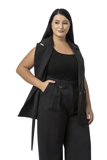 Büyük Beden Kruvaze Yelek Pantolon Siyah İkili Takım