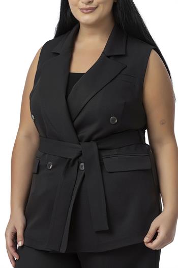 Büyük Beden Kruvaze Yelek Pantolon Siyah İkili Takım