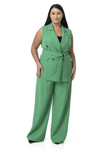 Büyük Beden Kruvaze Yelek Pantolon Yeşil İkili Takım