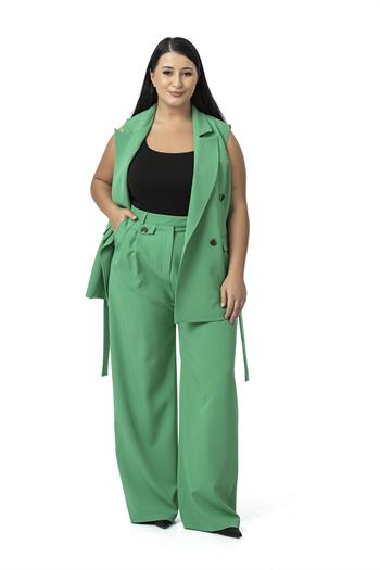 Büyük Beden Kruvaze Yelek Pantolon Yeşil İkili Takım