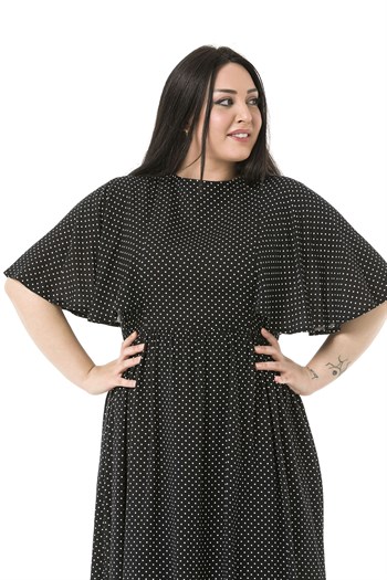 Plus Size Small Polka Dot Cape Sleeves Back Zipper Black Long Dress