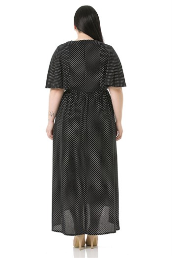 Plus Size Small Polka Dot Cape Sleeves Back Zipper Black Long Dress