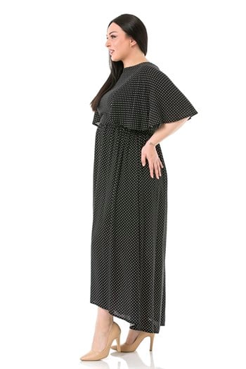 Plus Size Small Polka Dot Cape Sleeves Back Zipper Black Long Dress