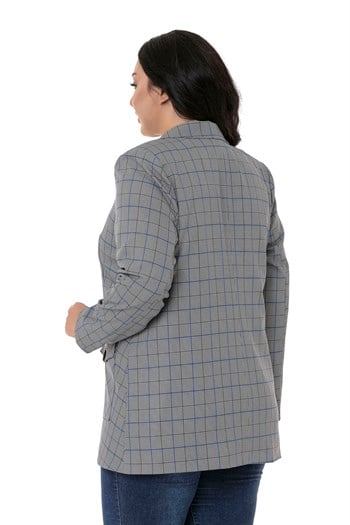 Büyük Beden Kuşaklı Düğmeli Kapaklı Cepli Astarlı Blazer Siyah Mavi Ceket