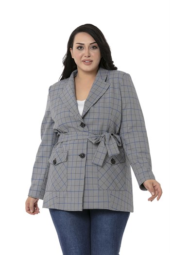 Büyük Beden Kuşaklı Düğmeli Kapaklı Cepli Astarlı Blazer Siyah Mavi Ceket