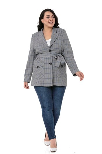 Büyük Beden Kuşaklı Düğmeli Kapaklı Cepli Astarlı Blazer Siyah Mavi Ceket
