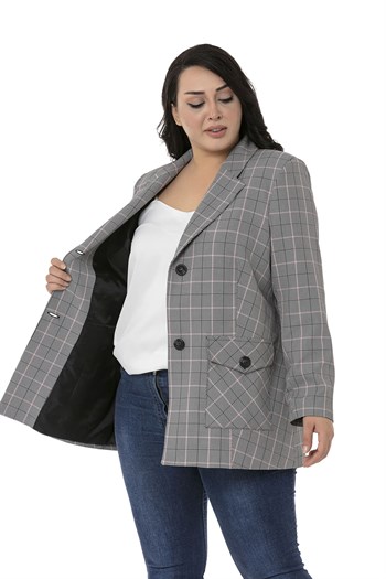 Büyük Beden Kuşaklı Düğmeli Kapaklı Cepli Astarlı Blazer Siyah Pembe Ceket