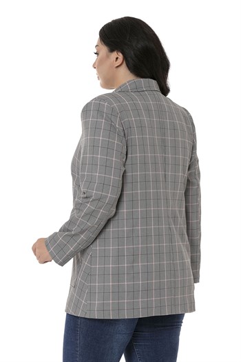 Büyük Beden Kuşaklı Düğmeli Kapaklı Cepli Astarlı Blazer Siyah Pembe Ceket