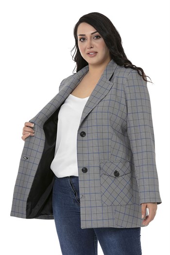 Büyük Beden Kuşaklı Düğmeli Kapaklı Cepli Astarlı Blazer Siyah Mavi Ceket
