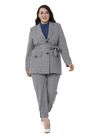 Büyük Beden Kuşaklı Düğmeli Kapaklı Cepli Astarlı Blazer Siyah Mavi Ceket