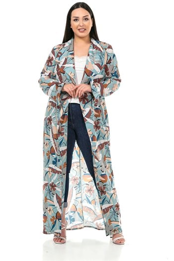 Büyük Beden Mendil Yaka Çiçek ve Yaprak Desenli Kolları Yırtmaç Detaylı Uzun Mint Kimono&Kaftan