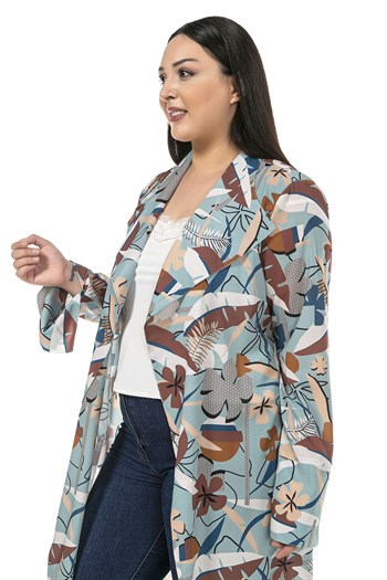 Büyük Beden Mendil Yaka Çiçek ve Yaprak Desenli Kolları Yırtmaç Detaylı Uzun Mint Kimono&Kaftan