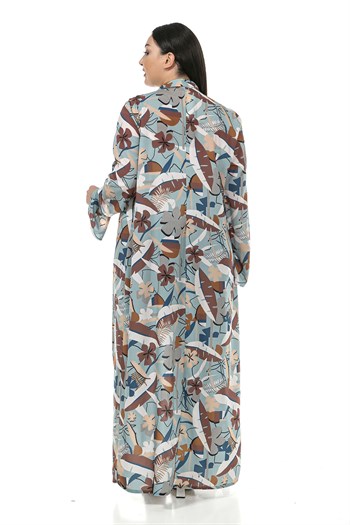 Büyük Beden Mendil Yaka Çiçek ve Yaprak Desenli Kolları Yırtmaç Detaylı Uzun Mint Kimono&Kaftan