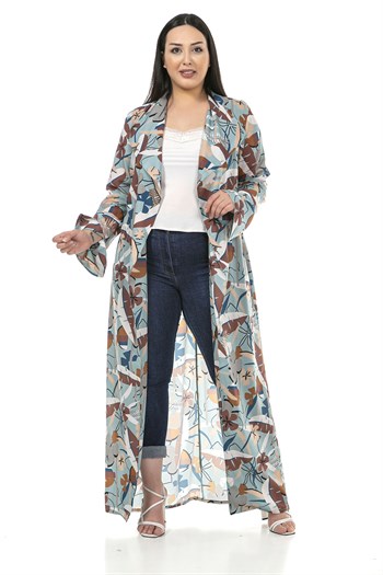 Büyük Beden Mendil Yaka Çiçek ve Yaprak Desenli Kolları Yırtmaç Detaylı Uzun Mint Kimono&Kaftan