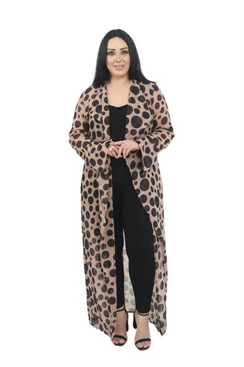 Büyük Beden Mendil Yaka Puanlı Kolları Yırtmaç Detaylı Uzun Vizon Kimono&Kaftan