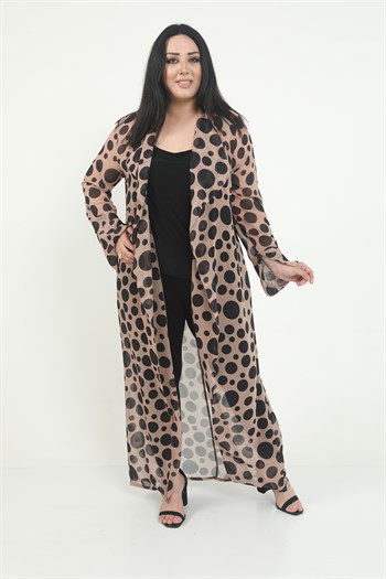 Büyük Beden Mendil Yaka Puanlı Kolları Yırtmaç Detaylı Uzun Vizon Kimono&Kaftan