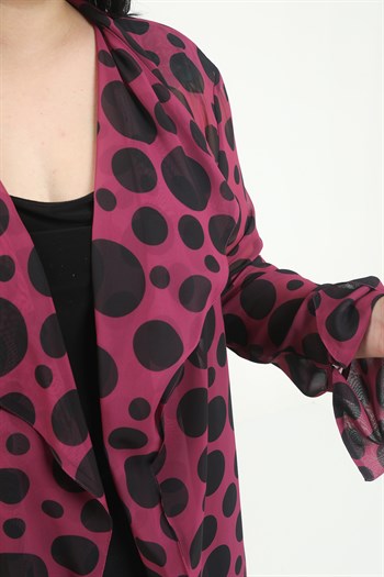 Büyük Beden Mendil Yaka Puanlı Kolları Yırtmaç Detaylı Uzun Mürdüm Kimono&Kaftan