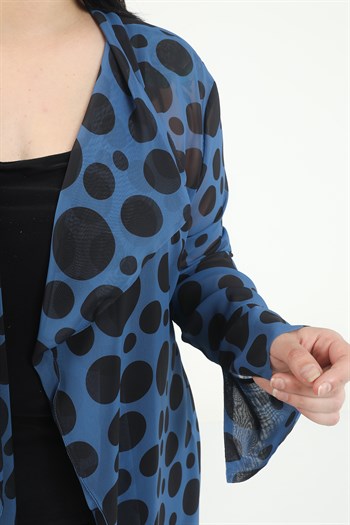 Büyük Beden Mendil Yaka Puanlı Kolları Yırtmaç Detaylı Uzun İndigo Kimono&Kaftan