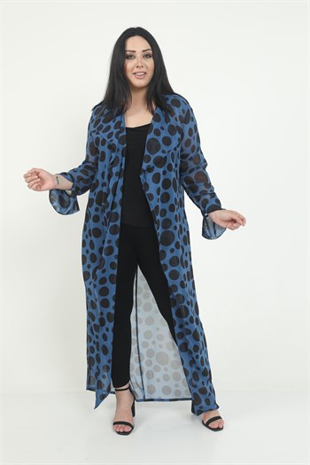 Büyük Beden Mendil Yaka Puanlı Kolları Yırtmaç Detaylı Uzun İndigo Kimono&Kaftan